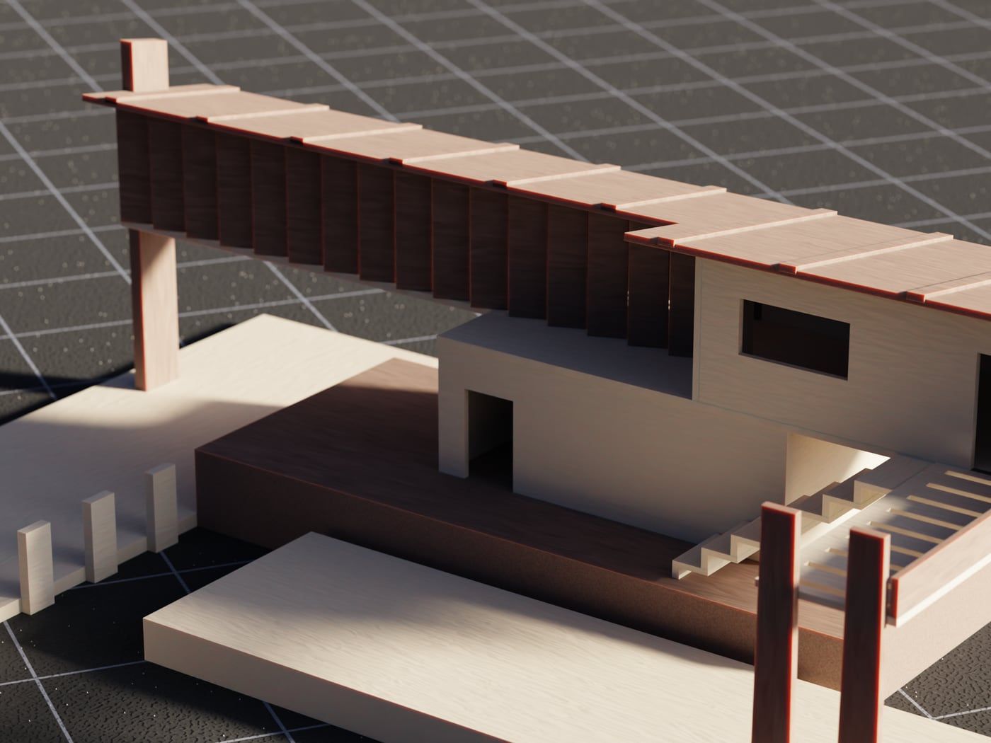 Architekturmodell eines flachen Wohnhauses mit Vordach, auf einer Rasterunterlage aufgebaut